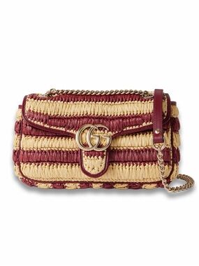 Gucci Straw Shoulder Bag in Burgundy and Cream Stripe with Gold GG